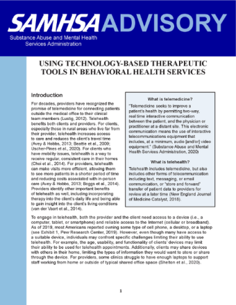 Advisory: Using Technology-Based Therapeutic Tools in Behavioral Health Services (based on TIP 60)