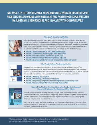 National Center on Substance Abuse and Child Welfare Resources for Professionals Working with Pregnant and Parenting People Affected by Substance Use Disorders and Involved with Child Welfare
