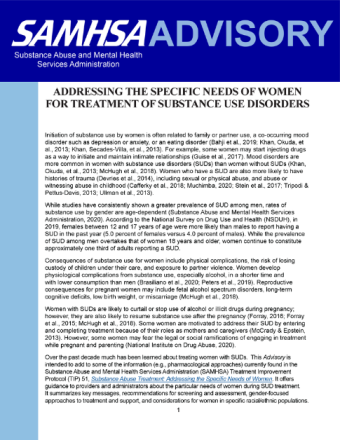 Advisory: Addressing the Specific Needs of Women for Treatment of Substance Use Disorders