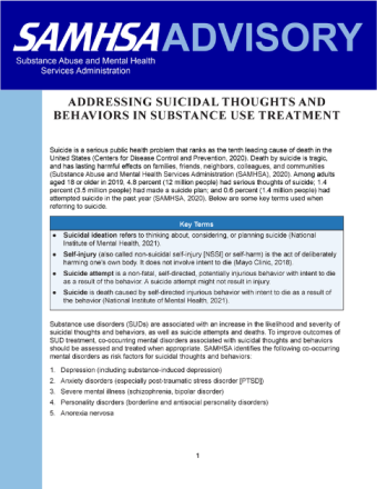 Advisory: Addressing Suicidal Thoughts and Behaviors in Substance Use Treatment