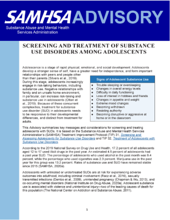 Advisory: Screening and Treatment of Substance Use Disorders among Adolescents