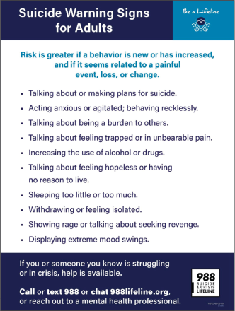 988 Suicide & Crisis Lifeline Adult Suicide Warning Notecard